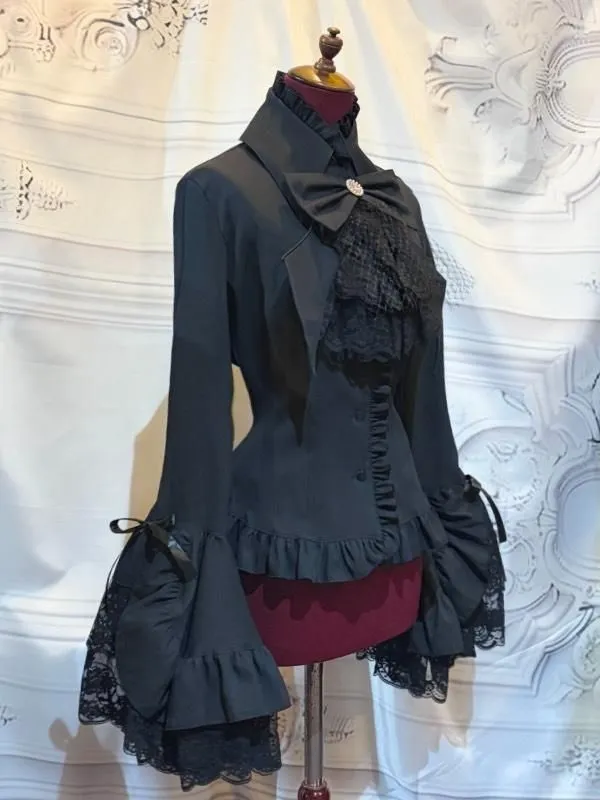 [MARBLE] Marble Classical Decoration Blouse with Separate Tie: Black x Black Stripe x Black Lace