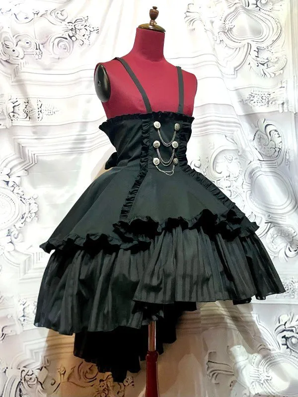 [Marble] High waist drape skirt with marble emblem decorative chain: black x black striped frill