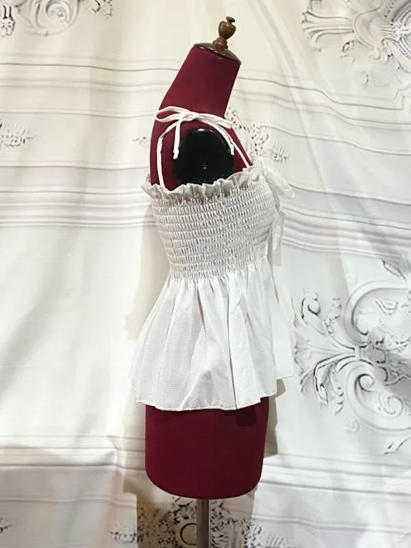 【MARBLE】マーブル　肩ひもリボンバラ付きシャーリングキャミソール：白×白バラ