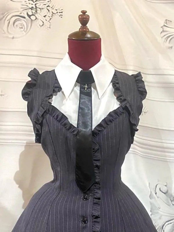 [Marble] Boîte de style marbre Robe plissée avec chemisier à cravate: Black Stripe x White x Black cravate