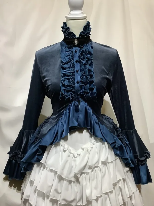 【MARBLE】マーブル　別カメオタイ付きブラウス付き風フリルカーディガン：青ベロア