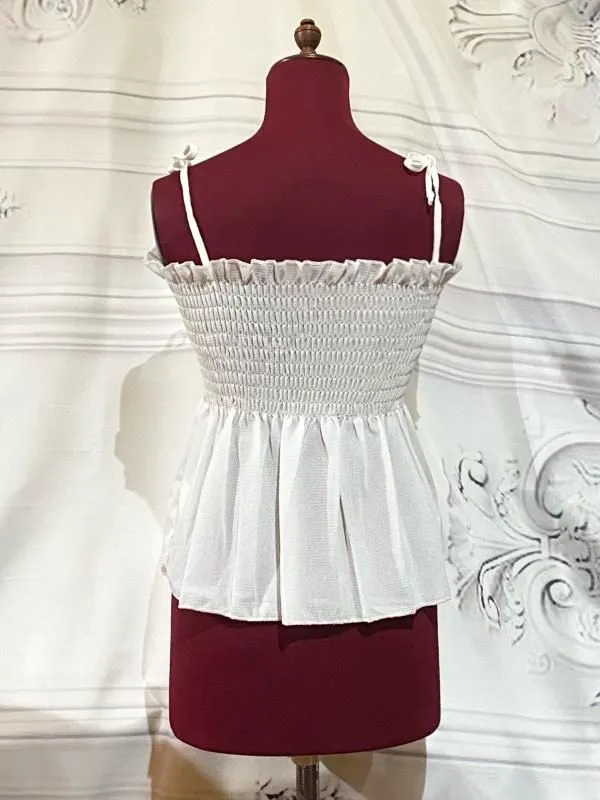 【MARBLE】マーブル　肩ひもリボンバラ付きシャーリングキャミソール：白×白バラ