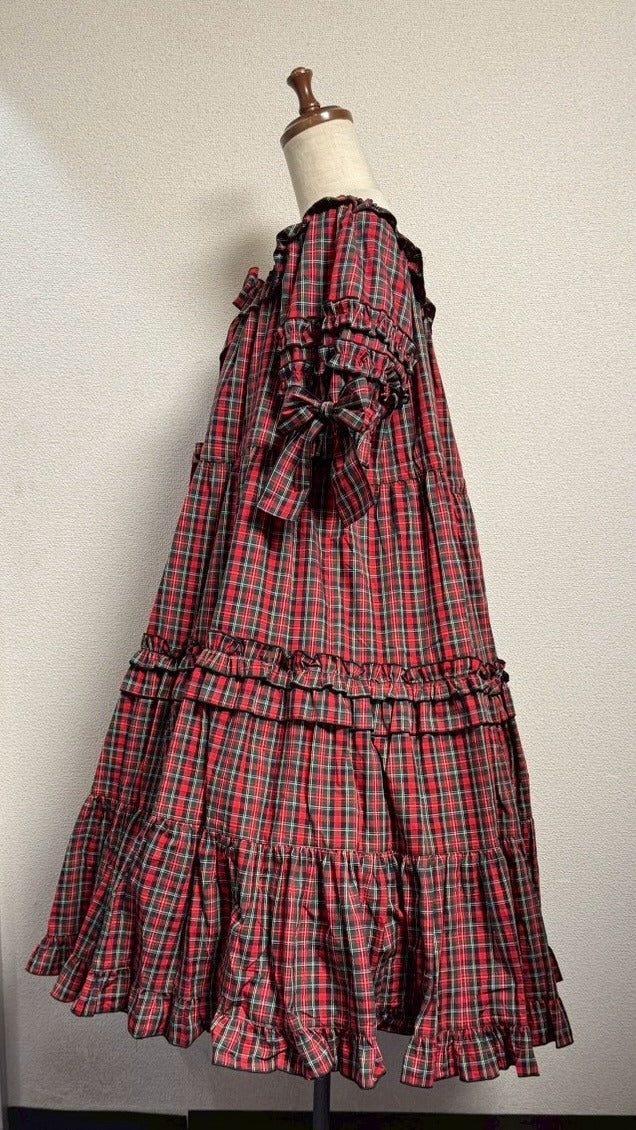 [Caída física] Vestido fruncido con caída física [Cuadros de tartán rojo, largo mini, largo largo]