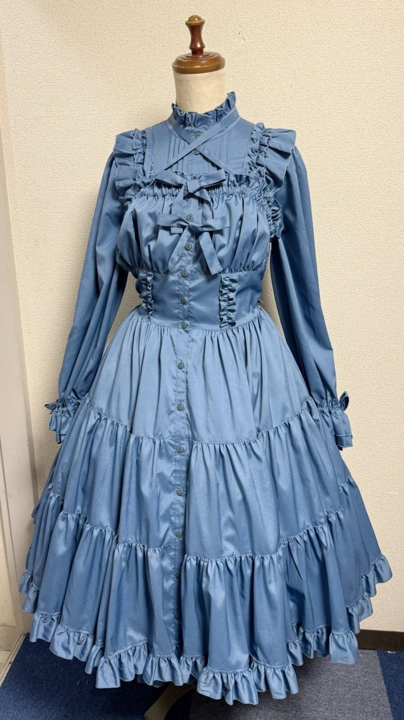 【Victorian maiden】ヴィクトリアンメイデン　前釦スタンドカラーワンピース【ブルー・新生地】