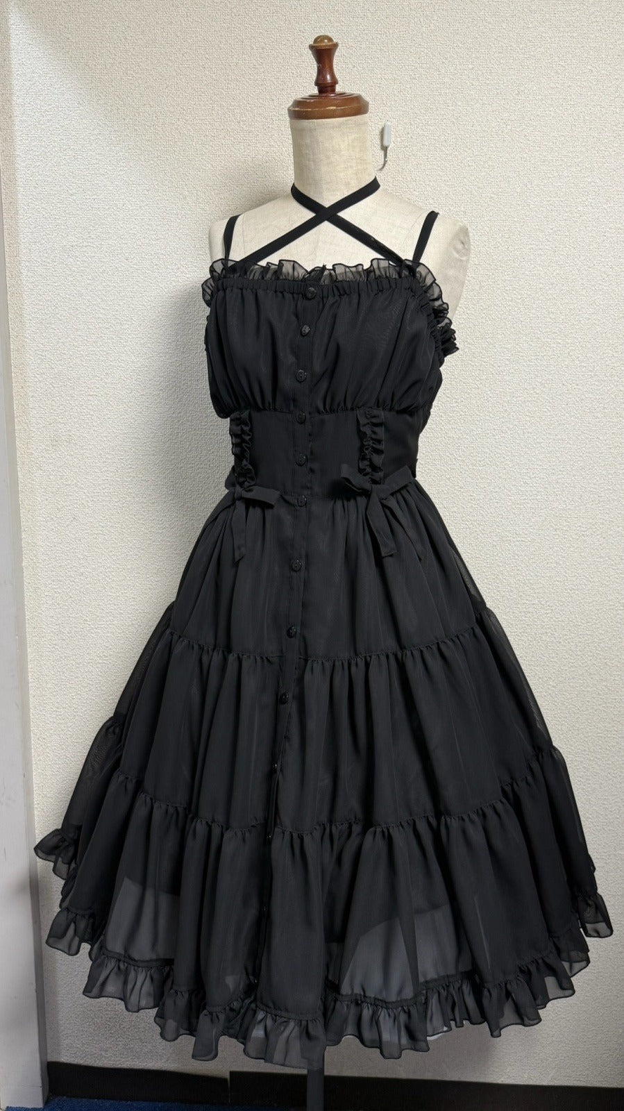 【Physical Drop】フィジカルドロップ　シャーリングジャンパースカート【黒・シフォン】