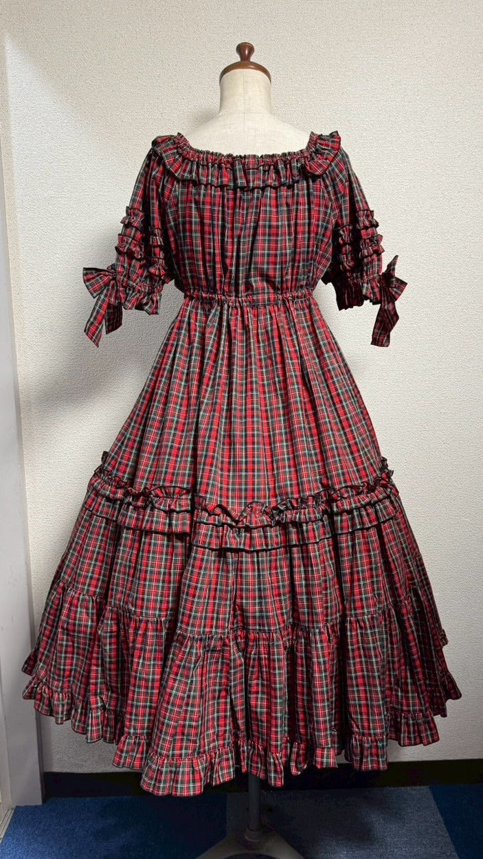 [Caída física] Vestido fruncido con caída física [Cuadros de tartán rojo, largo mini, largo largo]