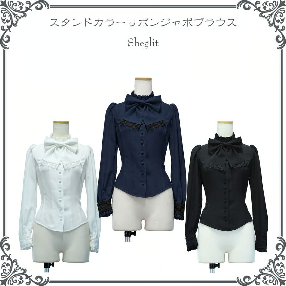 【Sheglit】シェグリット　スタンドカラーリボンジャボブラウス　ホワイト/ネイビー/ブラック　Mサイズ/Lサイズ