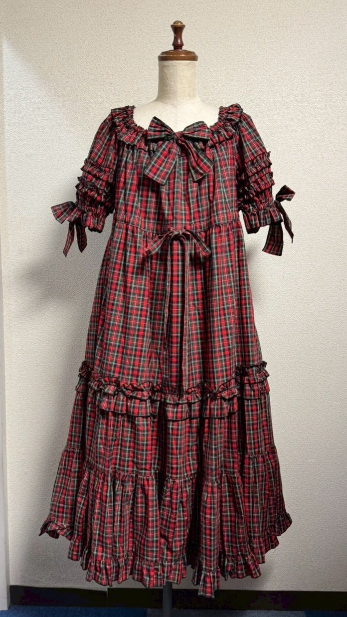 [Caída física] Vestido fruncido con caída física [Cuadros de tartán rojo, largo mini, largo largo]