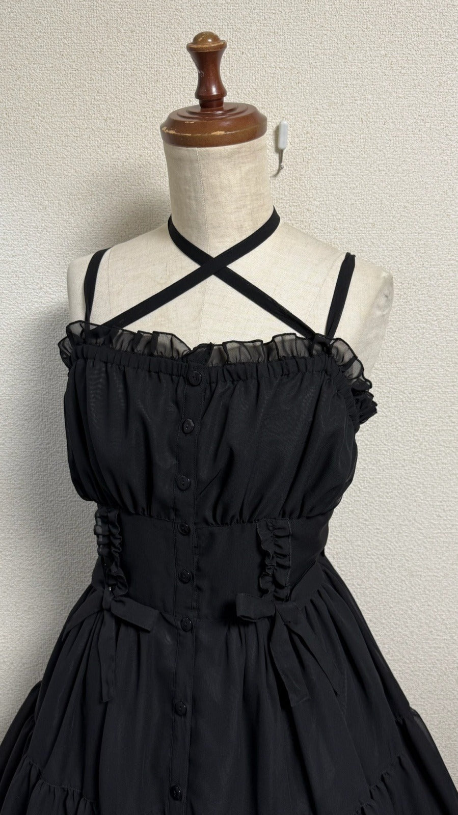 【Physical Drop】フィジカルドロップ　シャーリングジャンパースカート【黒・シフォン】