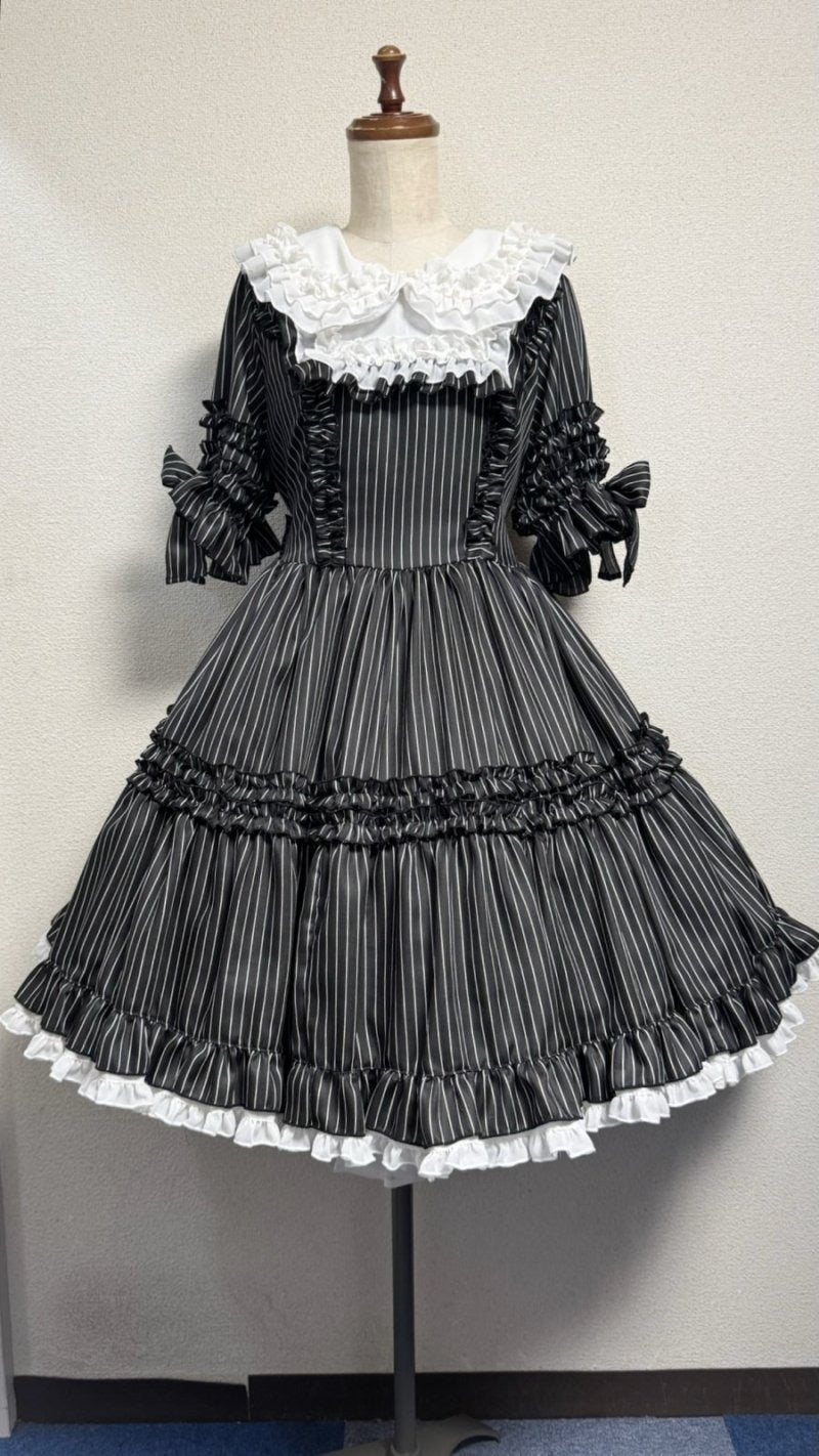 [Physical Drop] Physical Drop Tea Time Kleid [Schwarz-weiß gestreift x weißer Kragen]