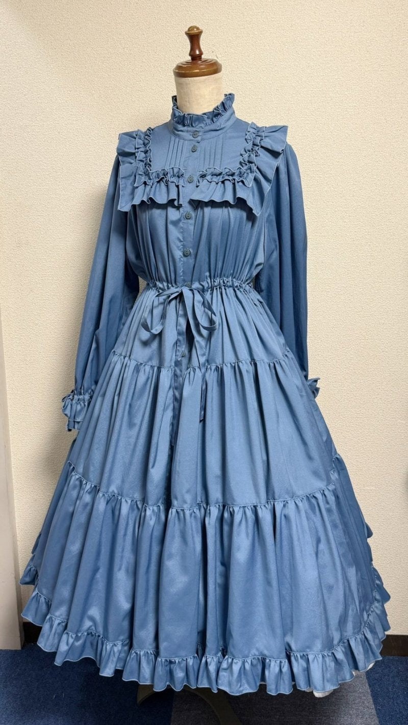 【Victorian maiden】ヴィクトリアンメイデン　前釦スタンドカラーワンピース【ブルー・新生地】