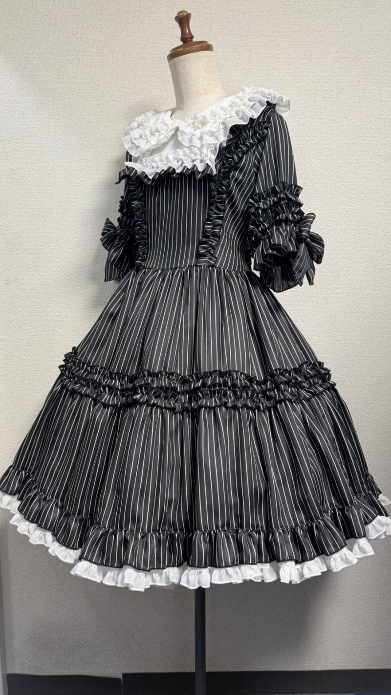 [Physical Drop] Physical Drop Tea Time Kleid [Schwarz-weiß gestreift x weißer Kragen]