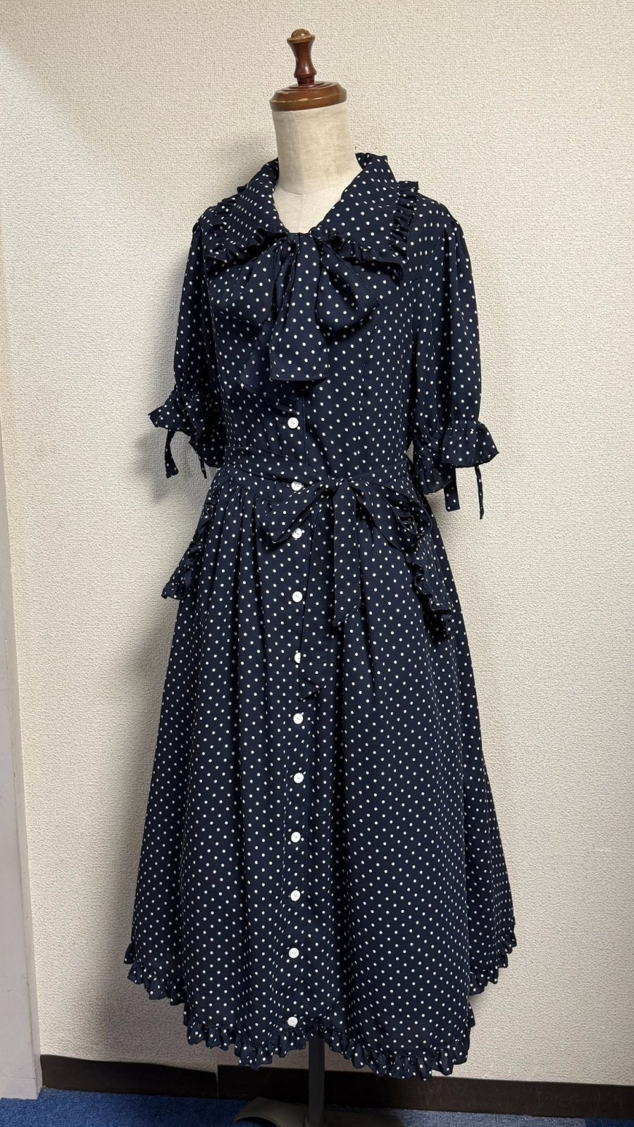 [Physical Drop] Vestido niña retro Physical drop [Navy x lunares blancos]