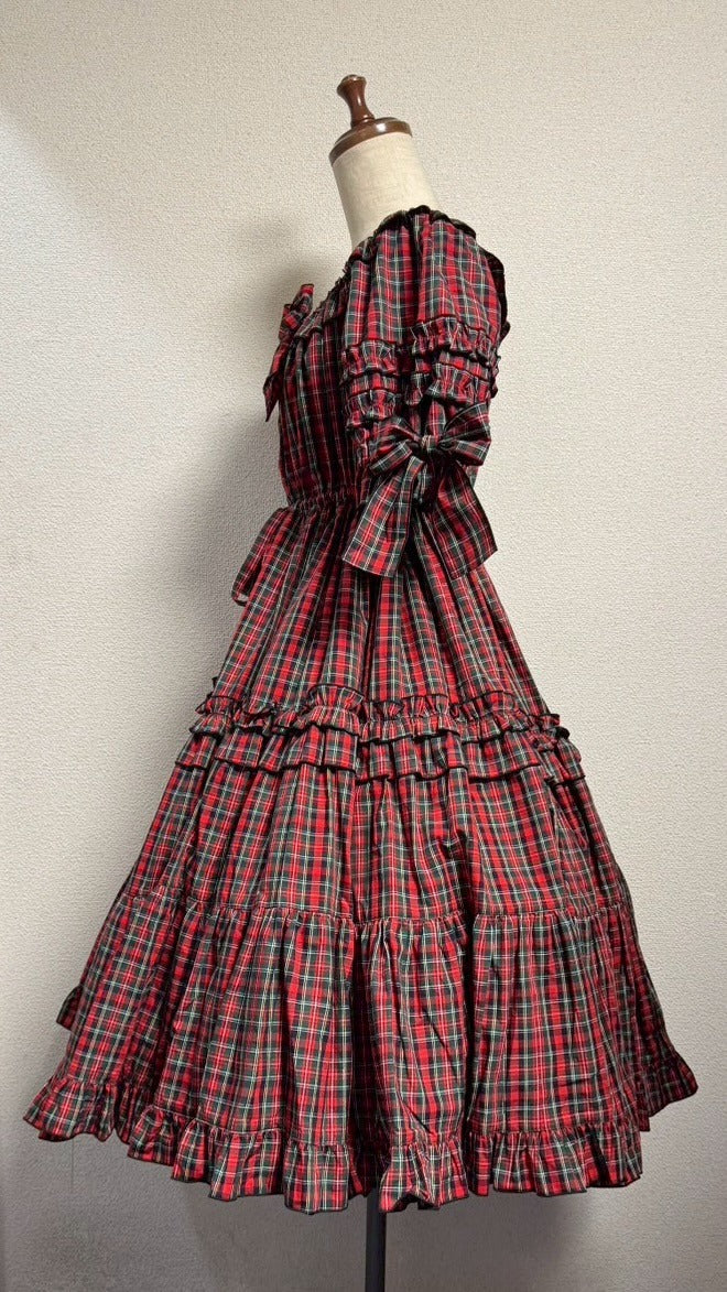 [Caída física] Vestido fruncido con caída física [Cuadros de tartán rojo, largo mini, largo largo]