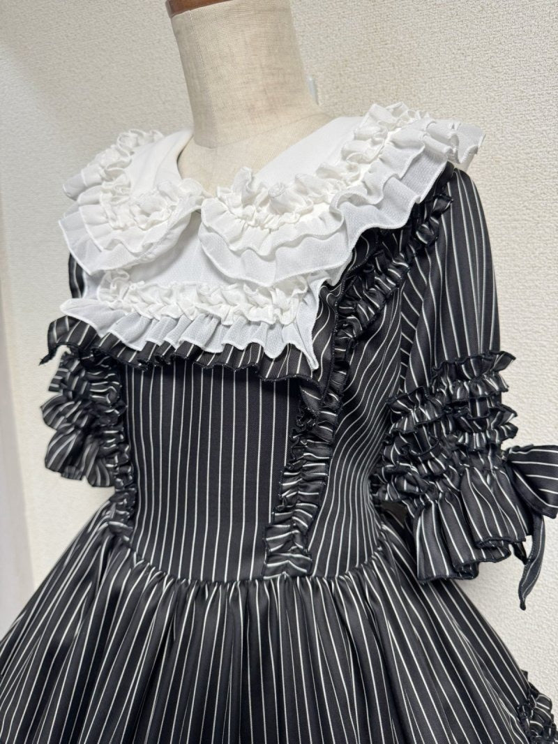 [Physical Drop] Physical drop tea time dress [black and white stripes x white collar]