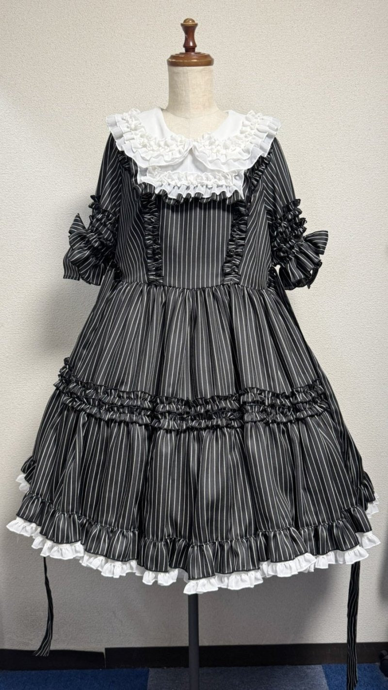 [Physical Drop] Physical drop tea time dress [black and white stripes x white collar]