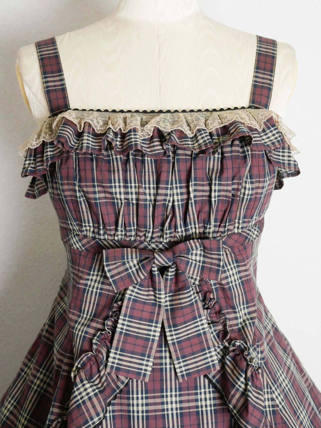 【Victorian maiden】ヴィクトリアンメイデン　クラッシックチェックフリルリボンスリーブレスドレス　ネイビー/ベージュ/ブラウン