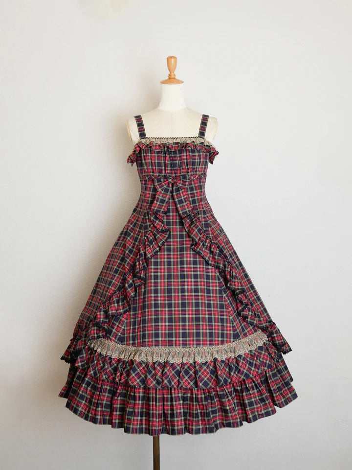 【Victorian maiden】ヴィクトリアンメイデン　クラッシックチェックフリルリボンスリーブレスドレス　ネイビー/ベージュ/ブラウン