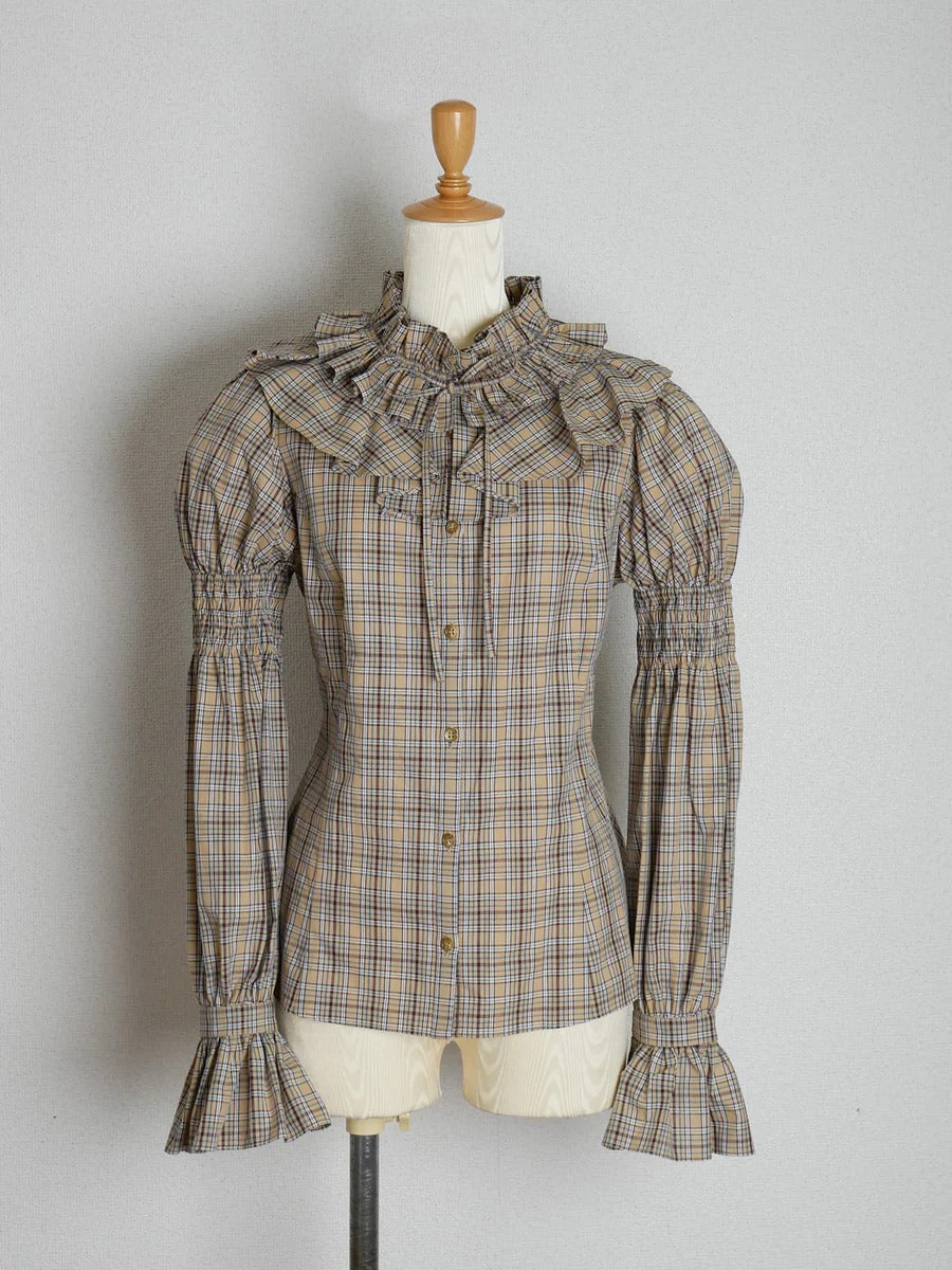 【Victorian maiden】ヴィクトリアンメイデン　クラッシックチェックラッフルフリルブラウス　ネイビー/ベージュ/ブラウン
