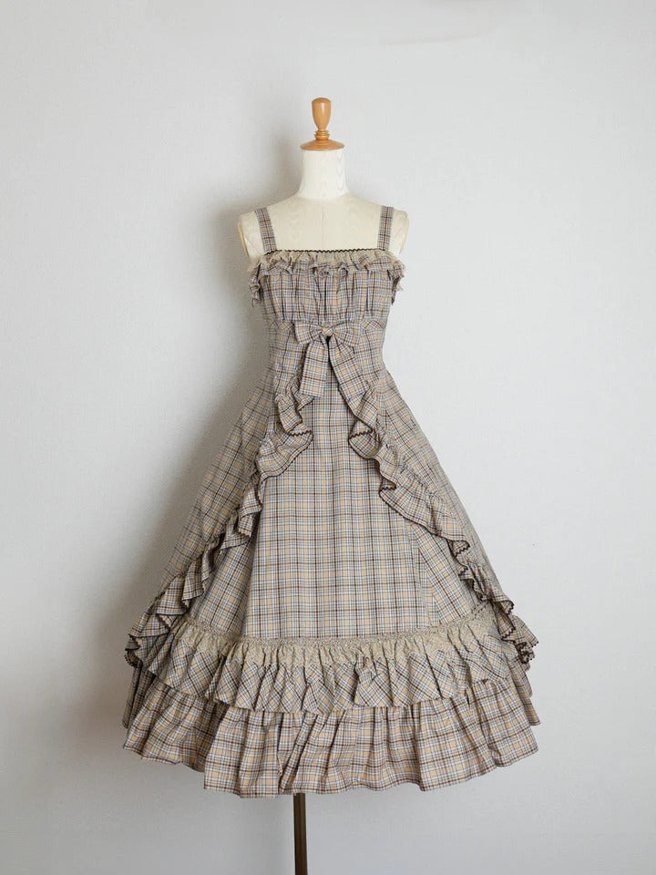 【Victorian maiden】ヴィクトリアンメイデン　クラッシックチェックフリルリボンスリーブレスドレス　ネイビー/ベージュ/ブラウン