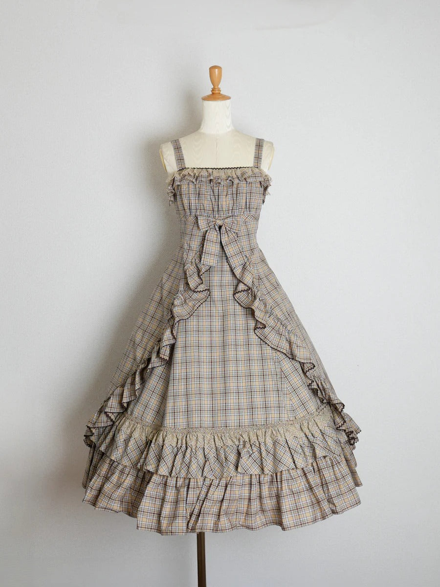 【Victorian maiden】ヴィクトリアンメイデン　クラッシックチェックフリルリボンスリーブレスドレス　ネイビー/ベージュ/ブラウン