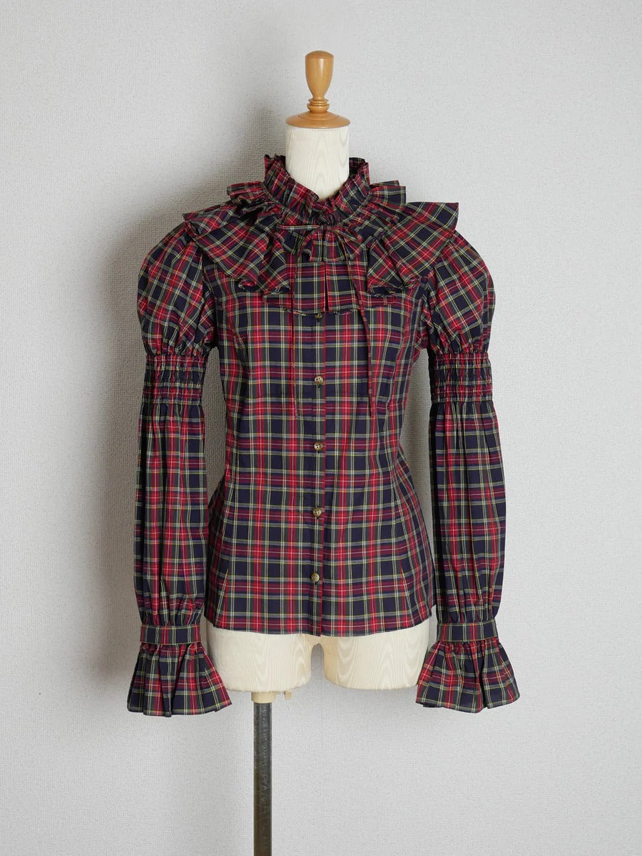 【Victorian maiden】ヴィクトリアンメイデン　クラッシックチェックラッフルフリルブラウス　ネイビー/ベージュ/ブラウン