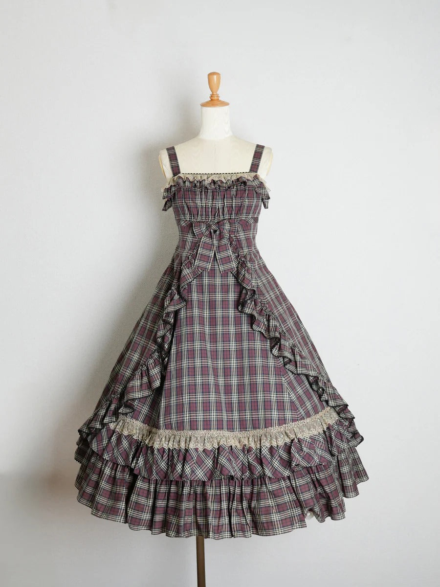 【Victorian maiden】ヴィクトリアンメイデン　クラッシックチェックフリルリボンスリーブレスドレス　ネイビー/ベージュ/ブラウン