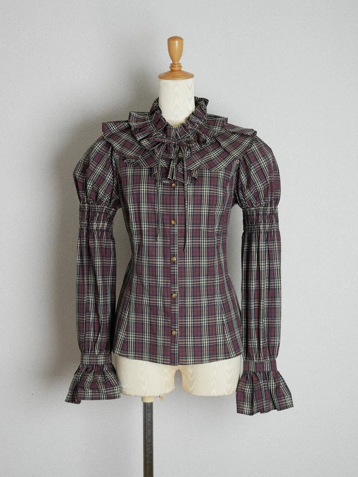 【Victorian maiden】ヴィクトリアンメイデン　クラッシックチェックラッフルフリルブラウス　ネイビー/ベージュ/ブラウン