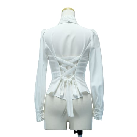 【Sheglit】シェグリット　●予約●スタンドカラーリボンジャボブラウス　ホワイト/ブラック　Mサイズ/Lサイズ