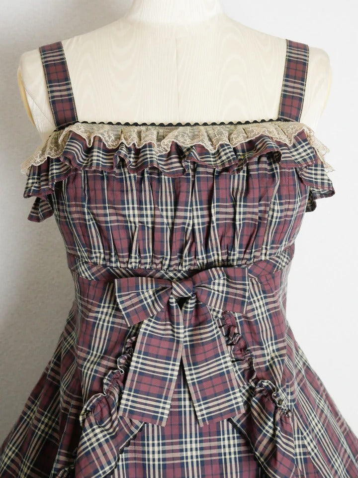 【Victorian maiden】ヴィクトリアンメイデン　クラッシックチェックフリルリボンスリーブレスドレス　ネイビー/ベージュ/ブラウン