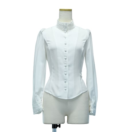 【Sheglit】シェグリット　●予約●スタンドカラーリボンジャボブラウス　ホワイト/ブラック　Mサイズ/Lサイズ