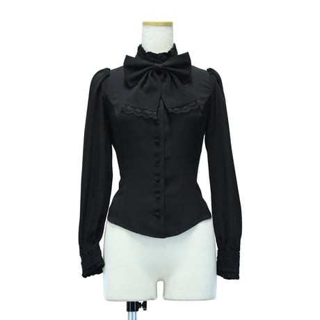 【Sheglit】シェグリット　●予約●スタンドカラーリボンジャボブラウス　ホワイト/ブラック　Mサイズ/Lサイズ