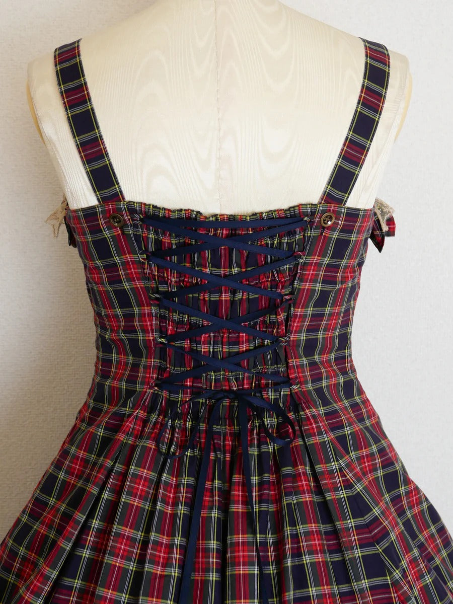 【Victorian maiden】ヴィクトリアンメイデン　クラッシックチェックフリルリボンスリーブレスドレス　ネイビー/ベージュ/ブラウン