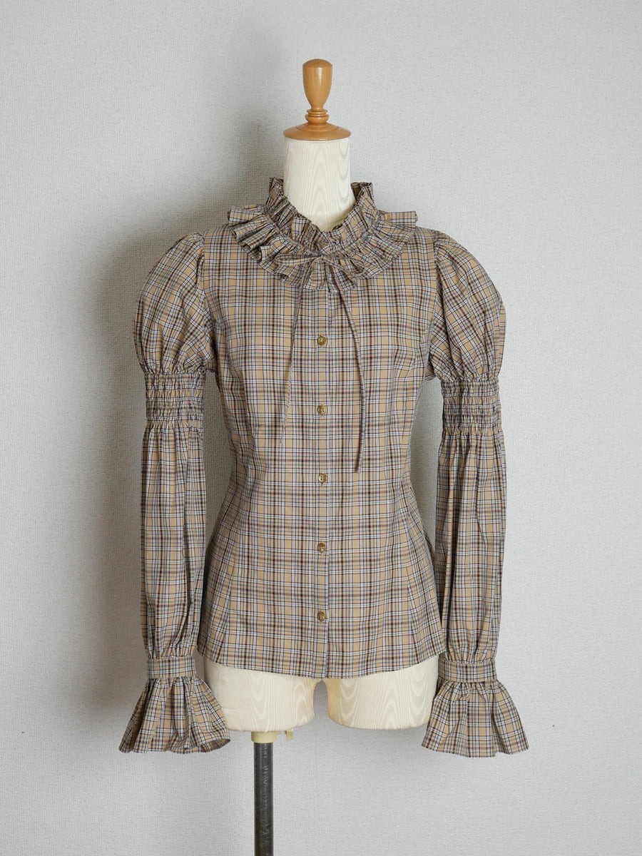 【Victorian maiden】ヴィクトリアンメイデン　クラッシックチェックラッフルフリルブラウス　ネイビー/ベージュ/ブラウン