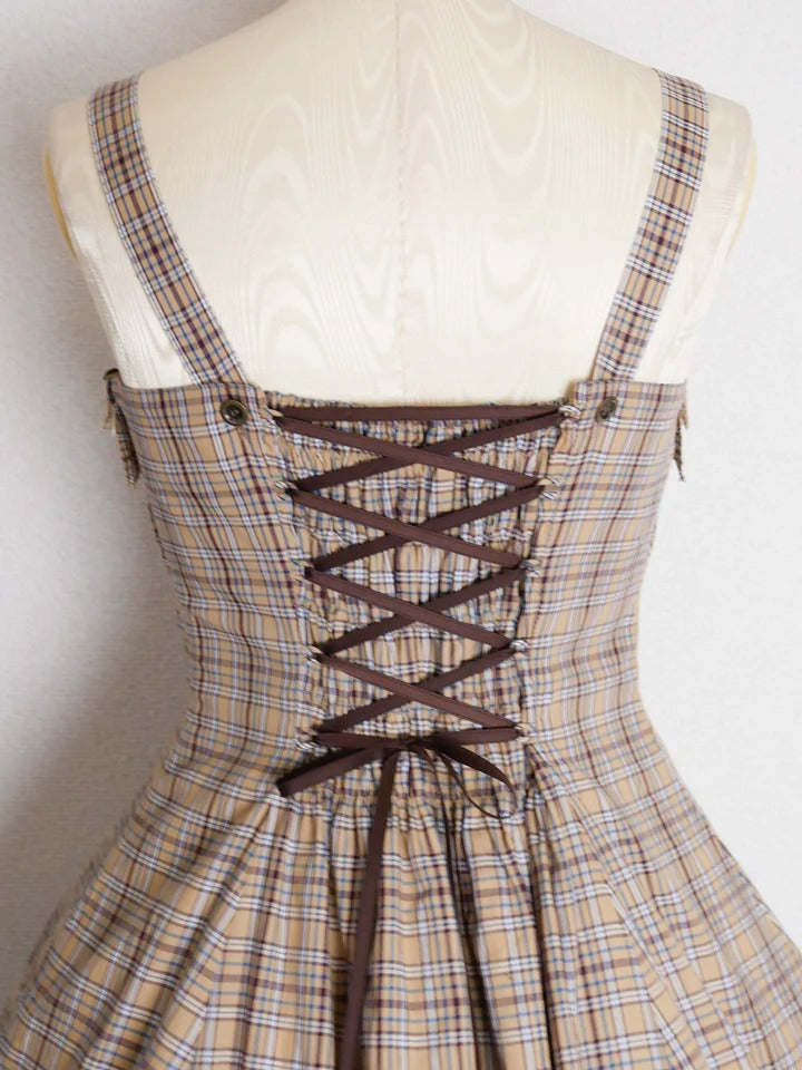 【Victorian maiden】ヴィクトリアンメイデン　クラッシックチェックフリルリボンスリーブレスドレス　ネイビー/ベージュ/ブラウン