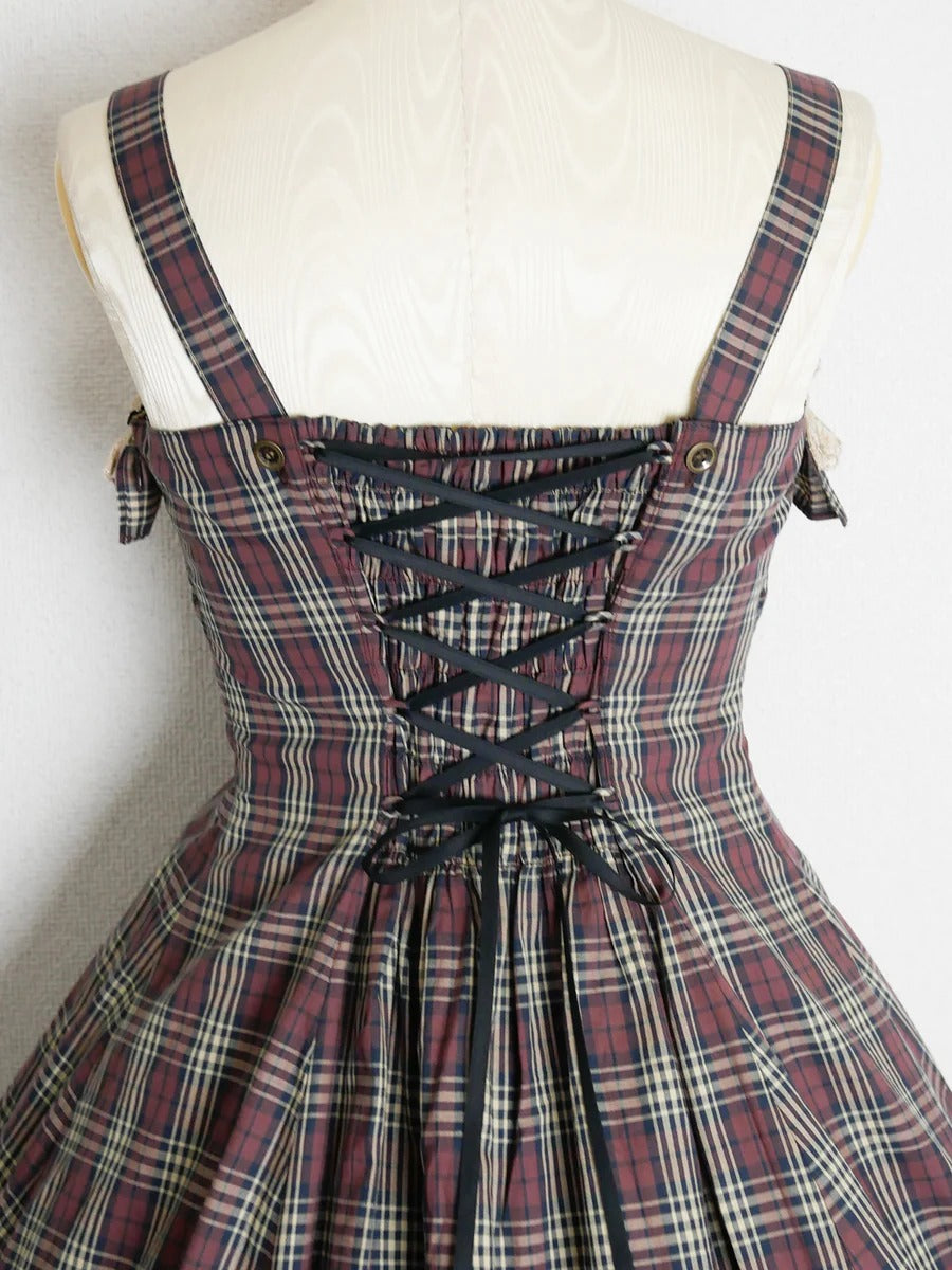 【Victorian maiden】ヴィクトリアンメイデン　クラッシックチェックフリルリボンスリーブレスドレス　ネイビー/ベージュ/ブラウン