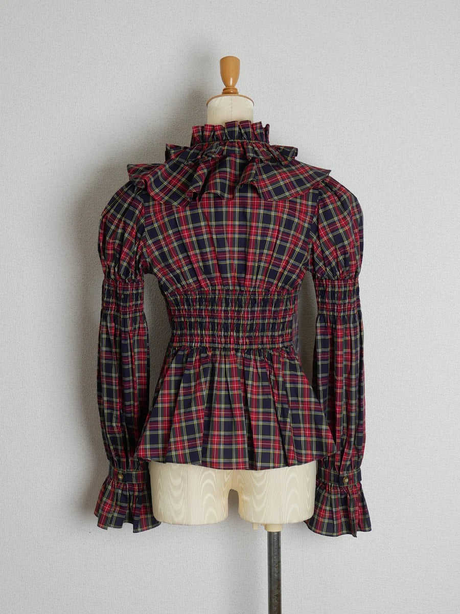 【Victorian maiden】ヴィクトリアンメイデン　クラッシックチェックラッフルフリルブラウス　ネイビー/ベージュ/ブラウン