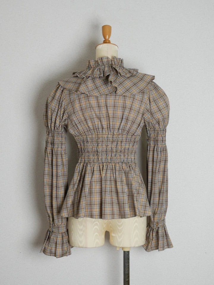 【Victorian maiden】ヴィクトリアンメイデン　クラッシックチェックラッフルフリルブラウス　ネイビー/ベージュ/ブラウン