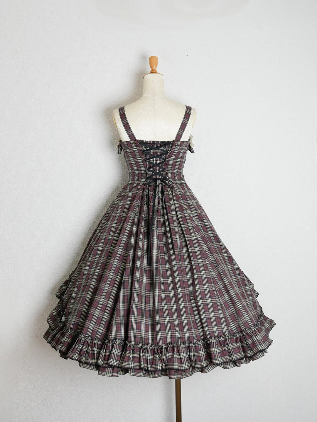 【Victorian maiden】ヴィクトリアンメイデン　クラッシックチェックフリルリボンスリーブレスドレス　ネイビー/ベージュ/ブラウン