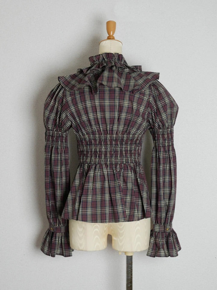 【Victorian maiden】ヴィクトリアンメイデン　クラッシックチェックラッフルフリルブラウス　ネイビー/ベージュ/ブラウン