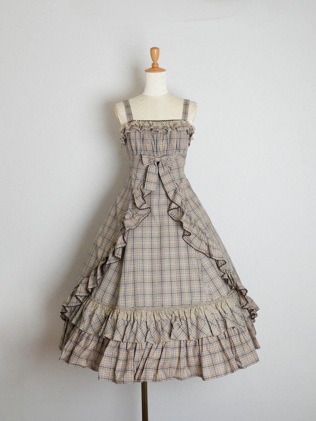 【Victorian maiden】ヴィクトリアンメイデン　クラッシックチェックフリルリボンスリーブレスドレス　ネイビー/ベージュ/ブラウン