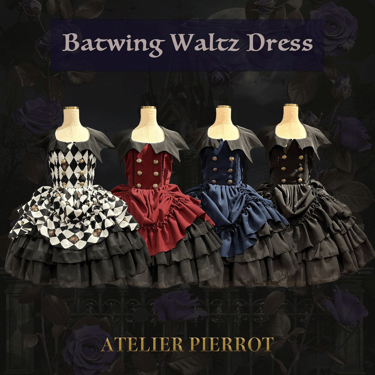 ATELIER PIERROT】 Batwing Waltz Dress White x Black/Bordeaux/Navy ATELIER PIERROT】 Batwing Waltz Dress White x Black/Bordeaux/Navy