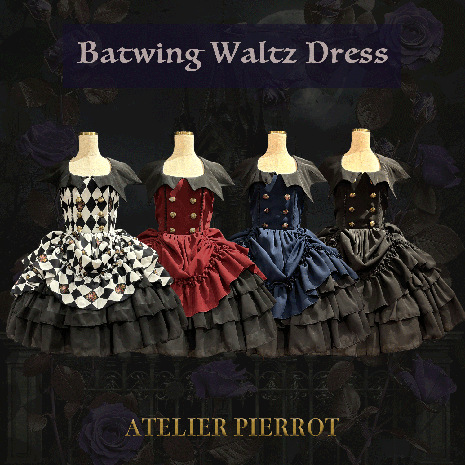 　【ATELIER PIERROTBatwing Waltz Dress白色×黑色/波尔多/海蓝色/黑色
